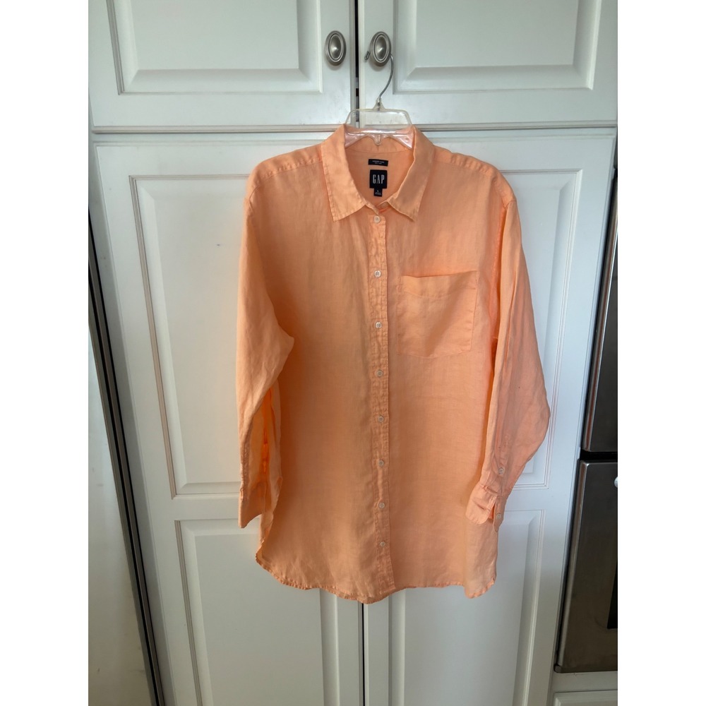 Gap Weekend Tunic 100% Linen Peach Orange Button Down Shirt Women Large